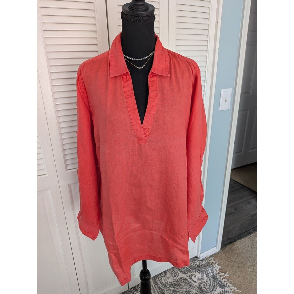 Christian Siriano Tunic Womens 2X Coral Shirt 100% Linen Tab Slv Coastal Cottage
